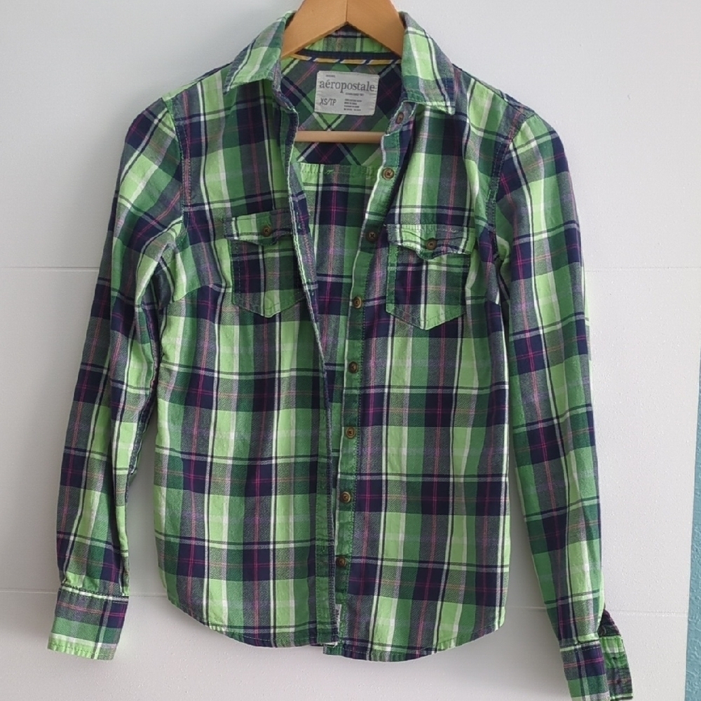 Aeropostale Green& Purple Plaid Vintage Inspired Button Down Academia Shirt